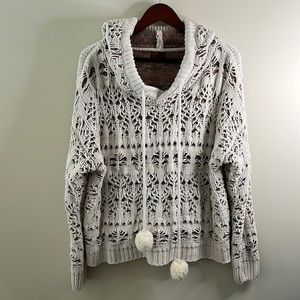 POL Boho Hooded Pom Pom Pointelle Knit Sweater Ivory and Multicolor